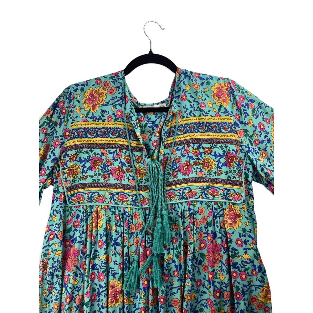 Vivimos Boho Floral Print Long Sleeve Tassel Midi Dress Turquoise M - Picture 4 of 6